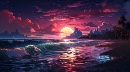 Moonlit Neon Ocean Waves - obrazy, fototapety, plakaty