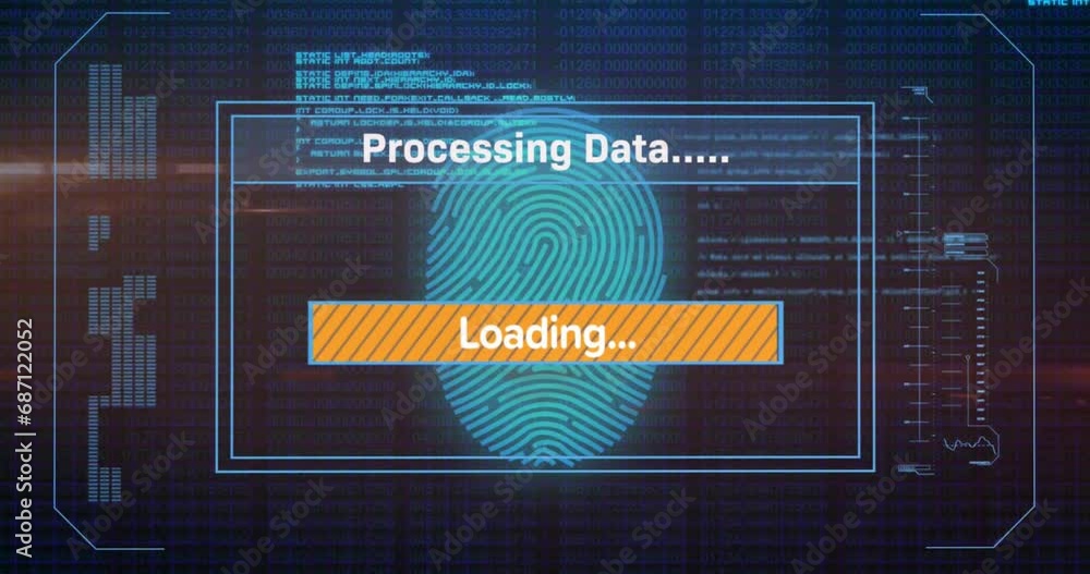 Poster animation of loading bars, computer language, fingerprint and changing numbers on black background