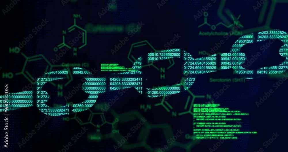 Poster animation of changing number forming blockchain and computer language over molecule structures