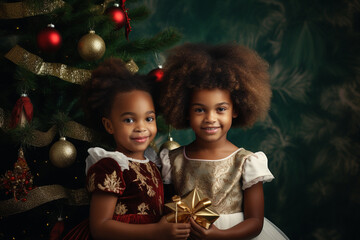 Obraz na płótnie Canvas Two girls happily celebrating Christmas