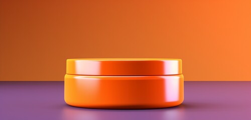 Modern skincare container in a glossy, tangerine orange finish with blank labels, showcased against a soft, lavender purple backdrop. Copy space on label.