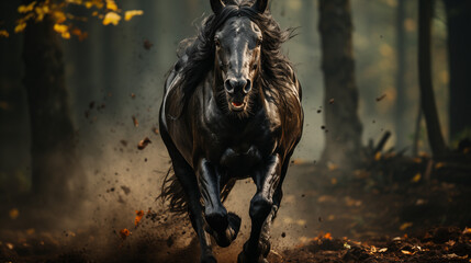 Dark stunning black horse in the woods
