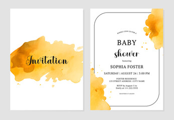 Invitation cards with yellow watercolor splash. Vector illustration template for baby and kids newborn celebration, birthday, wedding