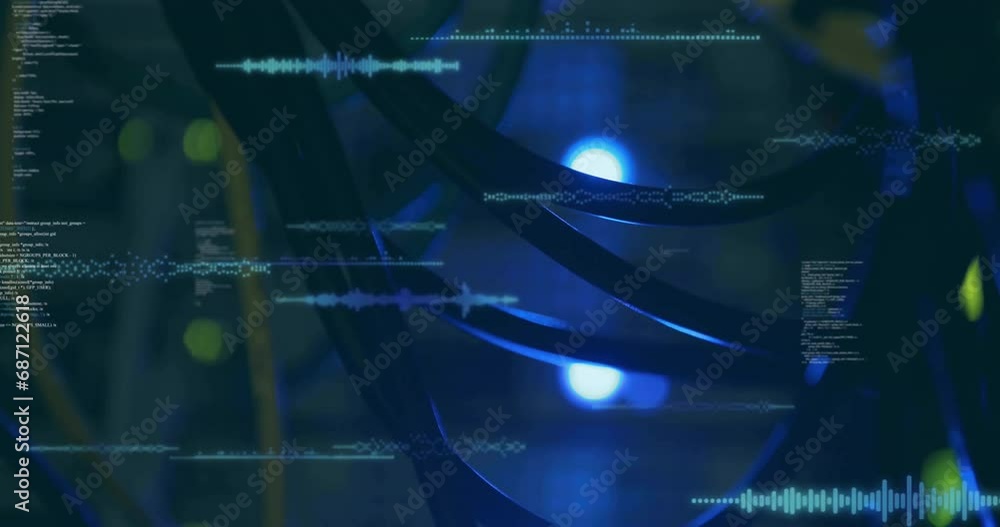 Poster animation of computer language and soundwaves over close up of wires in server room
