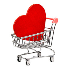 Wooden Red heart in mini grocery cart isolated on a transparent background