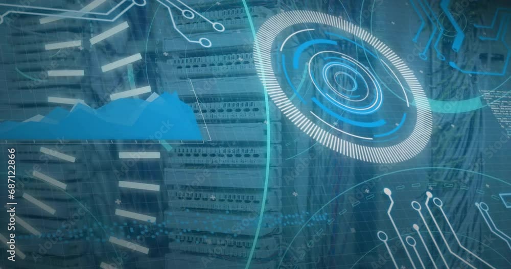 Poster animation of loading circles, 5g text, graph and circuit board pattern over data server systems