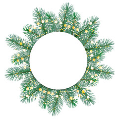 Fototapeta na wymiar Flat lay composition with Christmas fir branches and blank circle card isolated on white background. Space for text