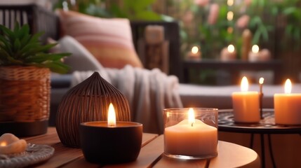 Aromatic candles burns on the floor in spa procedure salon. Small warm flame creating coziness and relaxing atmosphere in meditation studio. Accessory for aromatherapy treatment and mindfulness.