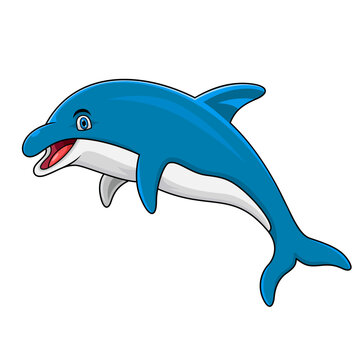 Cartoon happy blue dolphin jumping