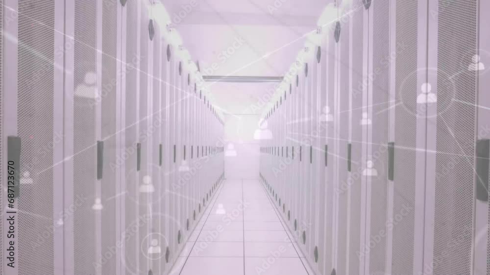 Poster animation of icons connected with lines over data server room