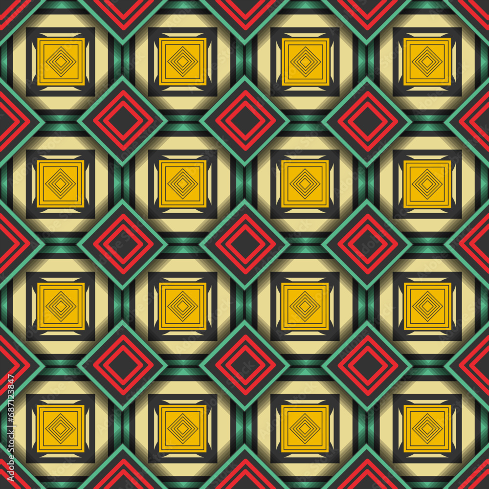 Poster seamless layered background with colorful decorated geometric shapes. evenly spaced squares. vector 