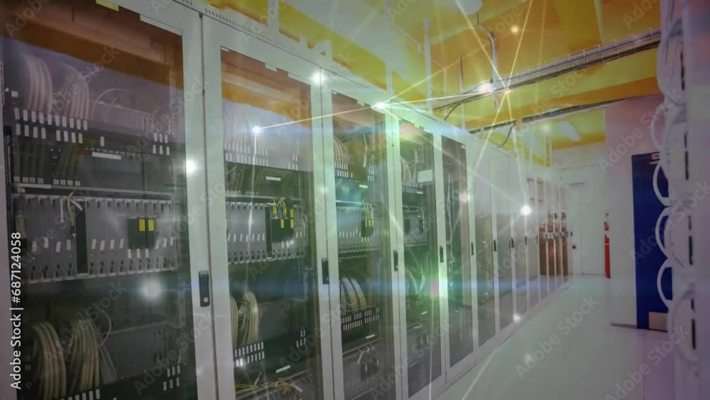 Poster animation of illuminated dots connected with lines over data server room