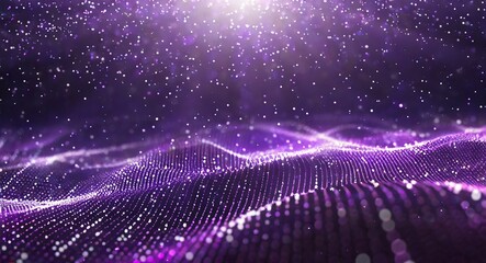 Digital purple particles wave and light abstract background with shining dots stars