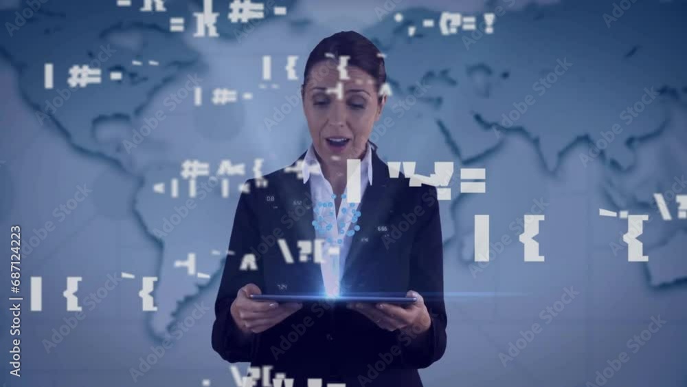 Poster animation of symbols over caucasian woman using digital tablet to display icon globe against map