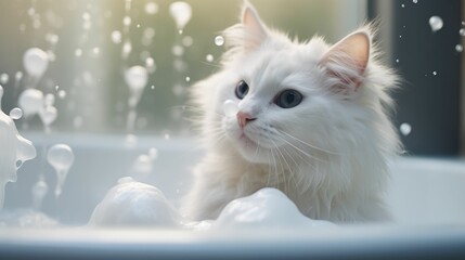 AI illustration of a white cat sitting in a bathtub filled with white bubbles and water.