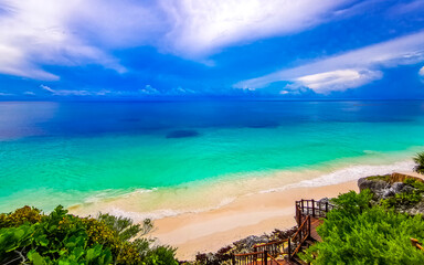Natural seascape panorama beach view Tulum ruins Mayan site Mexico.