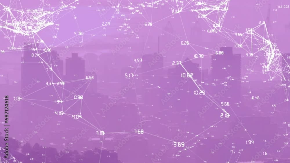Poster animation of numbers around connected dots over aerial view of modern cityscape