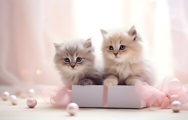 kittens in gift present box on white wooden table soft light for holiday card design