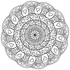 Multilayer mandala with hearts, meditative doodle coloring book for Valentine's Day