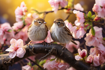 Small  sparrows chicks sit in garden surrounded by pink Sakura blossoms 