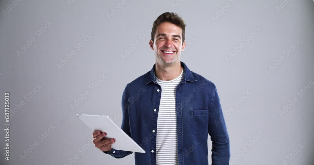 Poster business, man and tablet in studio with smile, face and confidence for marketing career at work. ent