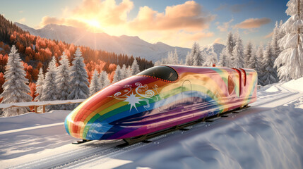 Concept of a Futuristic High-Speed Train Traveling over a Snow-Covered Landscape in the snow-covered Mountains in the Alps Brainstorming Background Cover Poster Digital Art Backdrop