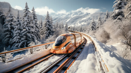 Concept of a Futuristic High-Speed Train Traveling over a Snow-Covered Landscape in the snow-covered Mountains in the Alps Brainstorming Background Cover Poster Digital Art Backdrop - obrazy, fototapety, plakaty