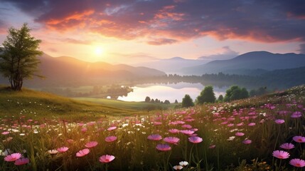 A breathtaking sunrise over a tranquil meadow with dew-covered flowers and rolling hills in the background.