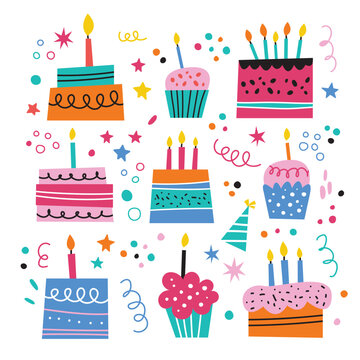 Vector doodle set of birthday cakes.