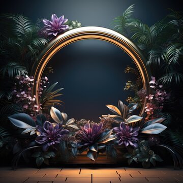 A gold frame with purple flowers and greenery