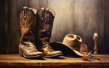 chapéu e botas de vaqueiro em fundo de vaqueiro do velho oeste , cultura cowtry 