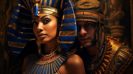Ancient Egyptian time-capsule portrait, pharaoh and queen in traditional headdress, hieroglyphics background - obrazy, fototapety, plakaty