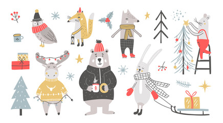 Christmas set, hand drawn style animals and decorative elements. Cute winter characters