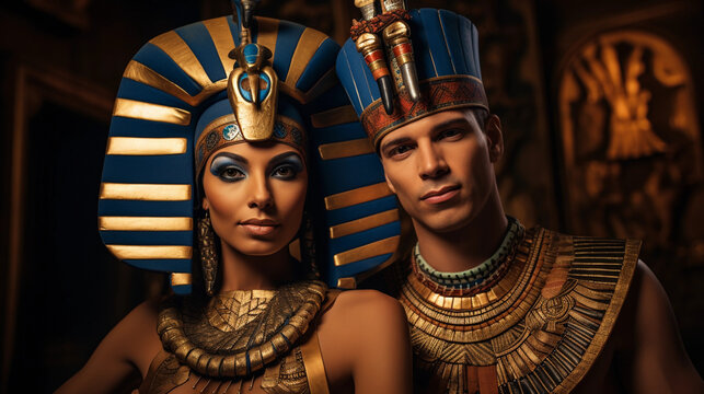 Ancient Egyptian time-capsule portrait, pharaoh and queen in traditional headdress, hieroglyphics background