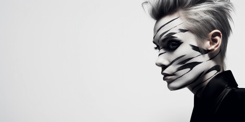Minimalist portrait, androgynous model with abstract body paint, monochromatic scheme