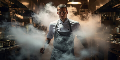 Obraz premium chef in a bustling kitchen, steam rising, dynamic lighting from the stoves, focused expression