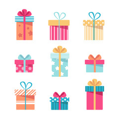Vector set of 9 gift boxes. Holiday illustrations.