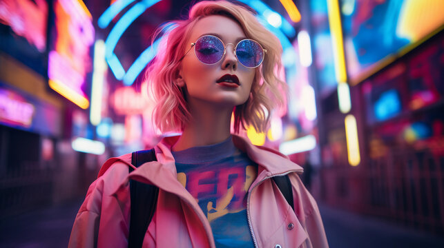 Futuristic time-capsule portrait, sci-fi attire, holographic elements, neon lighting, against a backdrop of a sprawling cyberpunk cityscape