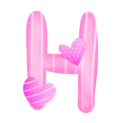 Set of illustrations alphabet A-Z and numbers 0-9, Pink Valentine's Day theme with cute hearts. 