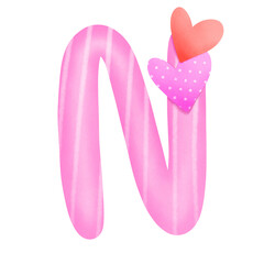 Set of illustrations alphabet A-Z and numbers 0-9, Pink Valentine's Day theme with cute hearts. 