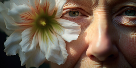 portrait capturing the blooming of a flower from bud to full bloom, woman's face in the background showing aging beauty