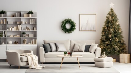 Domestic and cozy christmas living room interior with corduroy sofa, white shelf, mock up poster frame, christmas tree, decoration, wreath, gifts and accessories. Home decor. Family time. Template.