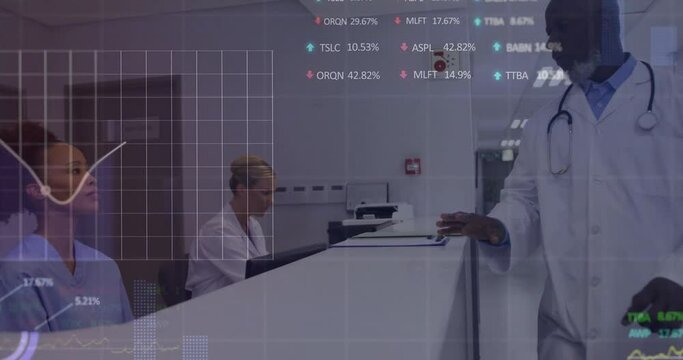 Animation of graphs, trading boards over diverse nurse handing patient reports to male doctor