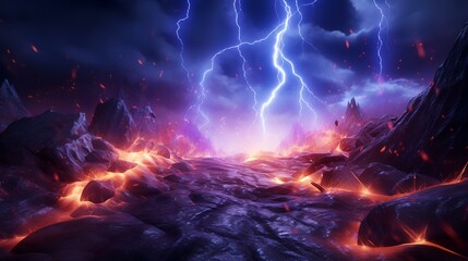 Fantasy alien planet. Mountain and lightning. 3D illustration.