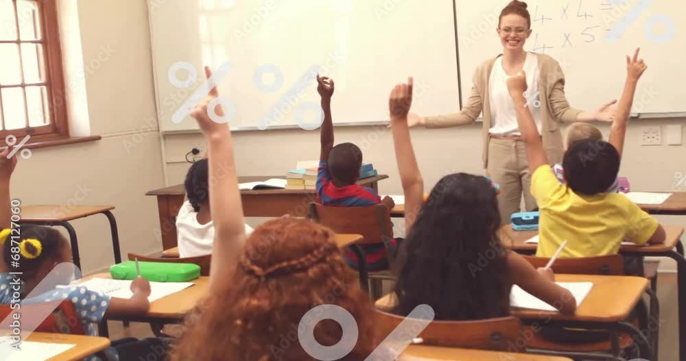 Poster Animation of percentage signs, diverse female teacher asking question and children raising hands