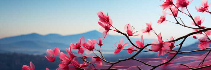 Frühjahrsblüten in pink am Zweig mit Gebirge im Hintergrund im Querformat für Banner, ai generativ