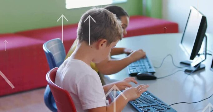 Animation of up arrows over diverse boys learning to use computer in school