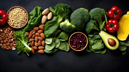 Poster Vegan diet food. Selection of rich fiber sources vegan food. Foods high in plant based protein, vitamins, minerals, anthocyanins, antioxidants. Image with copy space © Ziyan Yang
