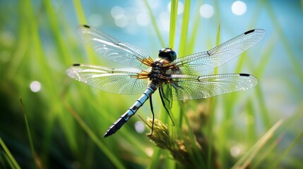 A close-up of a delicate dragonfly perched on a blade of grass, showcasing the intricacies of nature's miniature wonders.