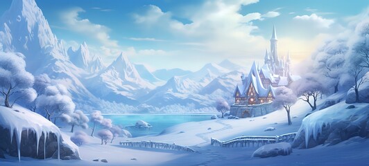 fairytale castle in winter snow forest, whimsical fairytale atmosphere, artistic cartoon scenery backdrop, Ai Generative 